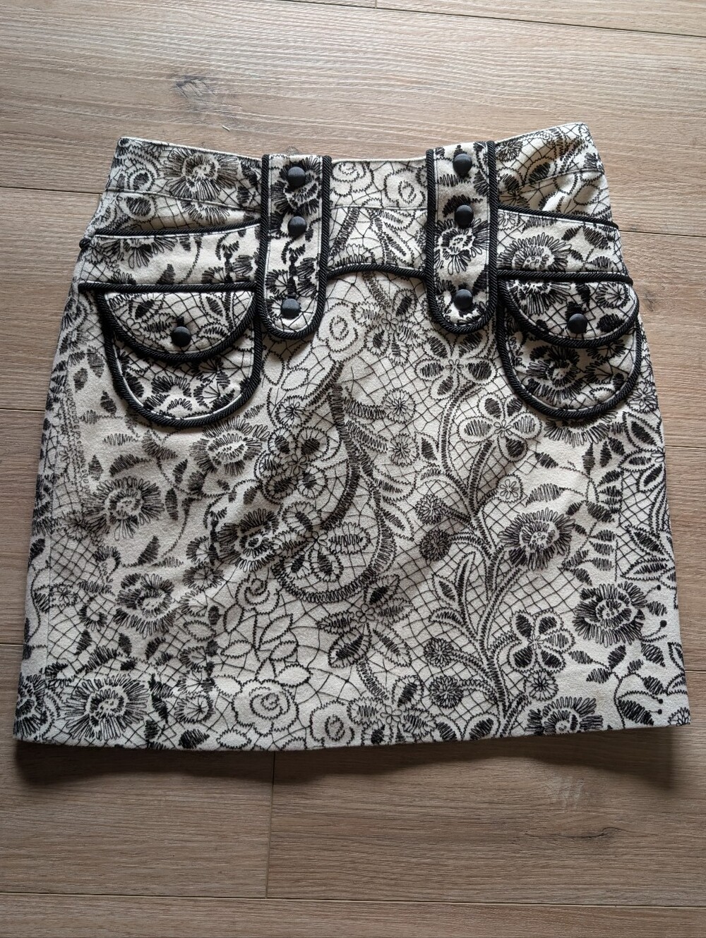 Etcetera Ecru & Black Floral Wool Blend Mini Skirt